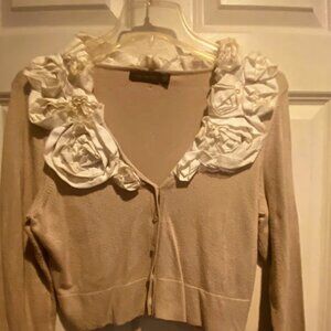 THE LIMITED ButtonUp Cardigan Tan Color w/Ivory Rose Decoration at Neckline SzM